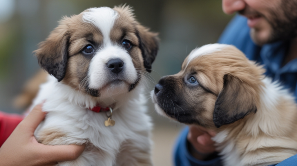 Two adorable beauceron puppies interacting playfully, showcasing their fluffy fur and expressive eyes.