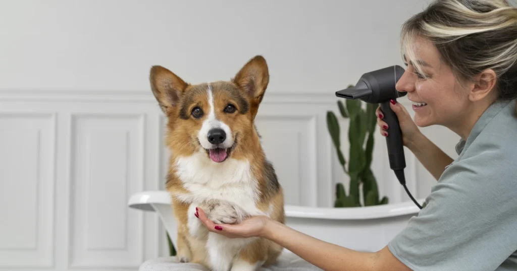 a girl is brushing her dog