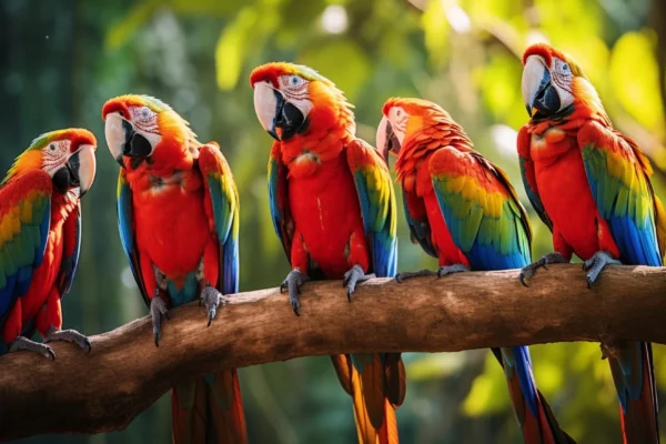 parrots are sitting on the tree stem