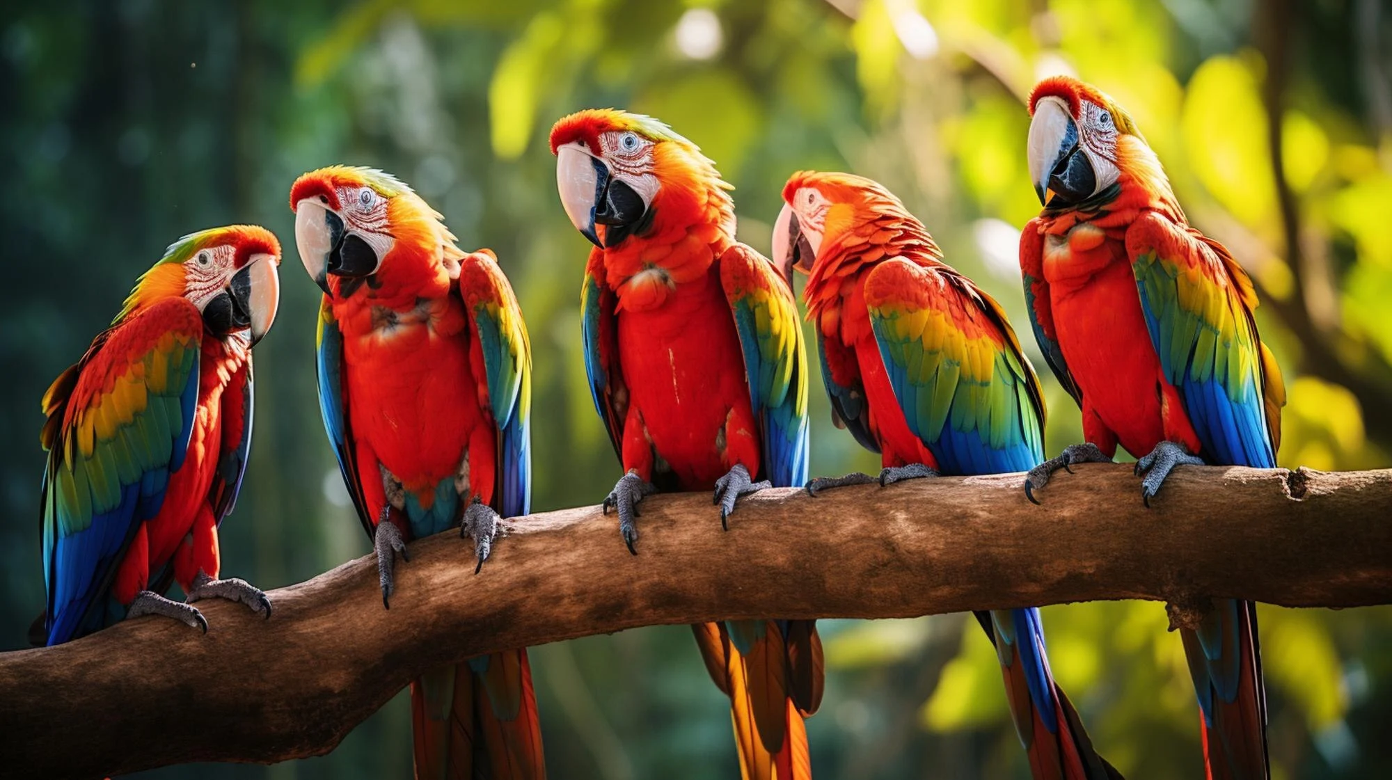 parrots are sitting on the tree stem