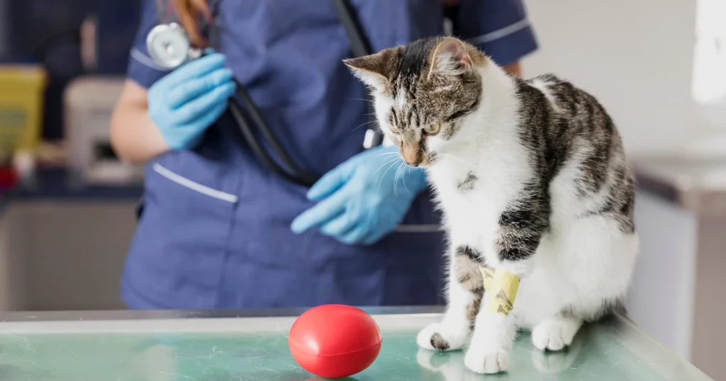 cat is sitting on the table with the doctor palying with ball