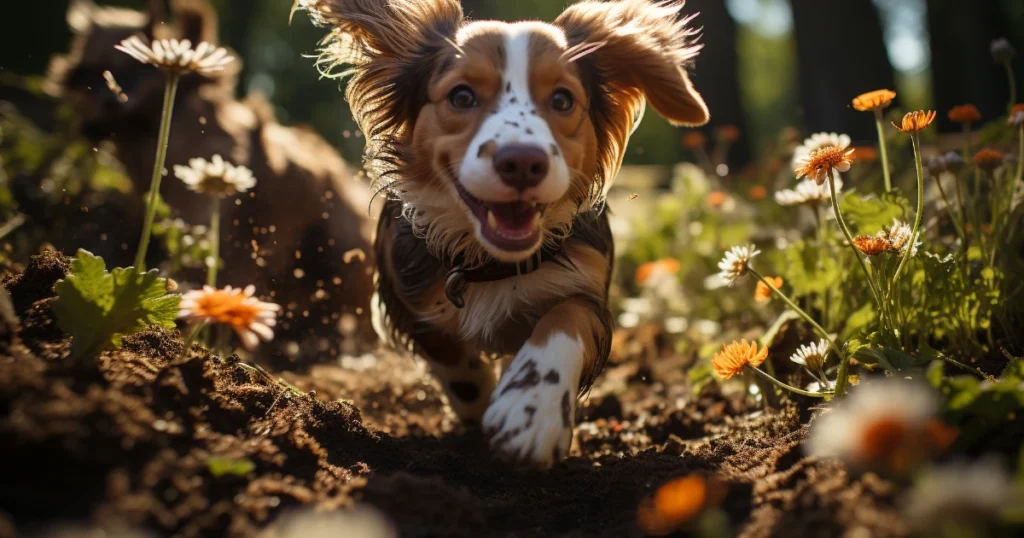 Cute puppy playing in the grass enjoying the outdoors generated by artificial intelligence