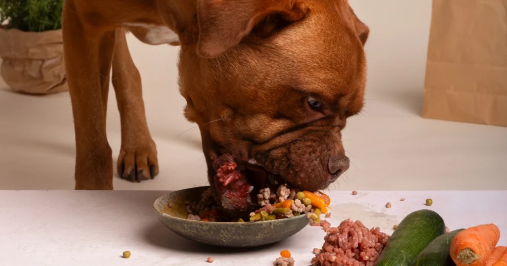 A brown dog eats a bowl of mixed meat and vegetables, with zucchinis and carrots nearby